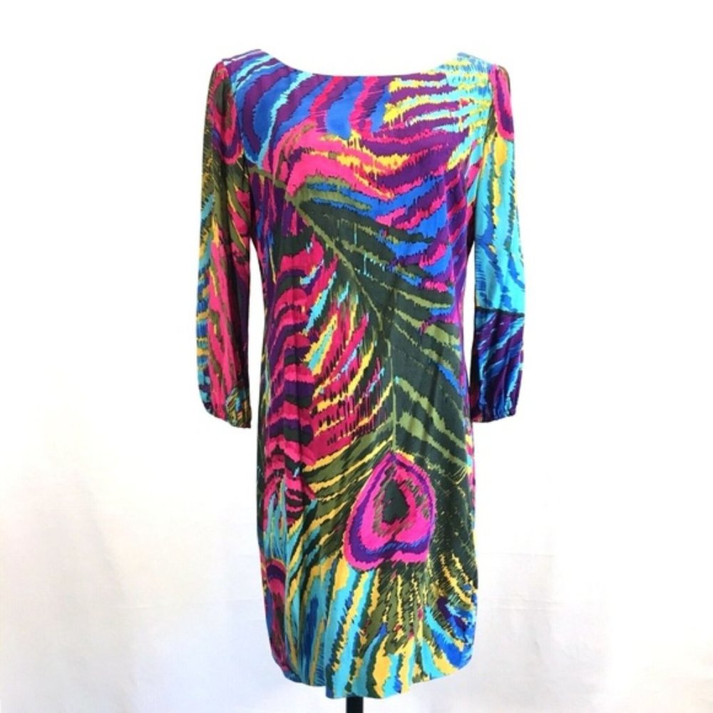 Trina Turk Silk Peacock Feather Shift Dress